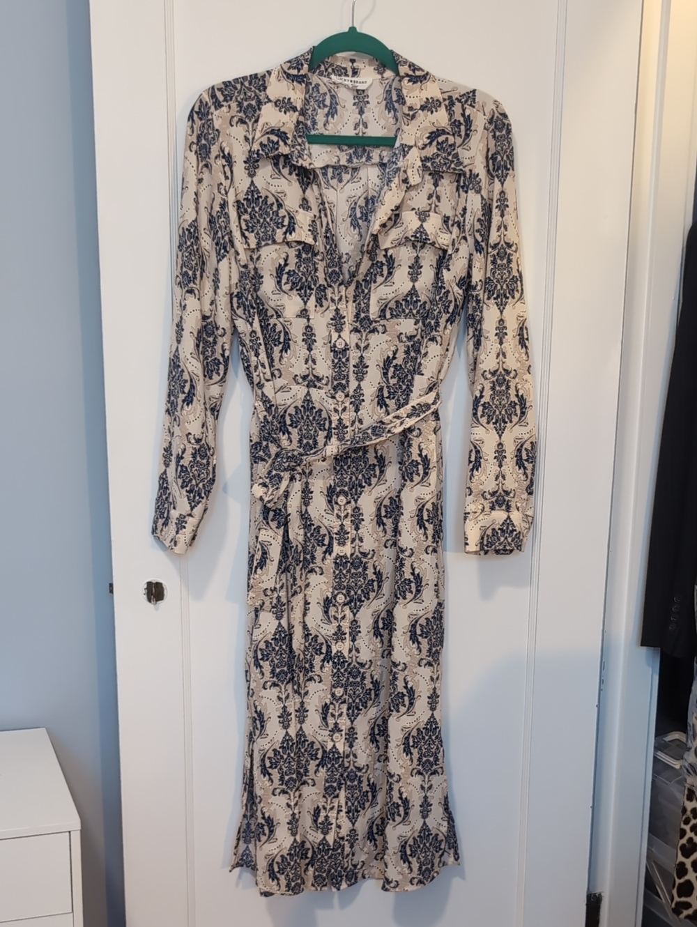 Lucky Brand Cream And Navy Damask Long Sleeve Wrap Midi Dress